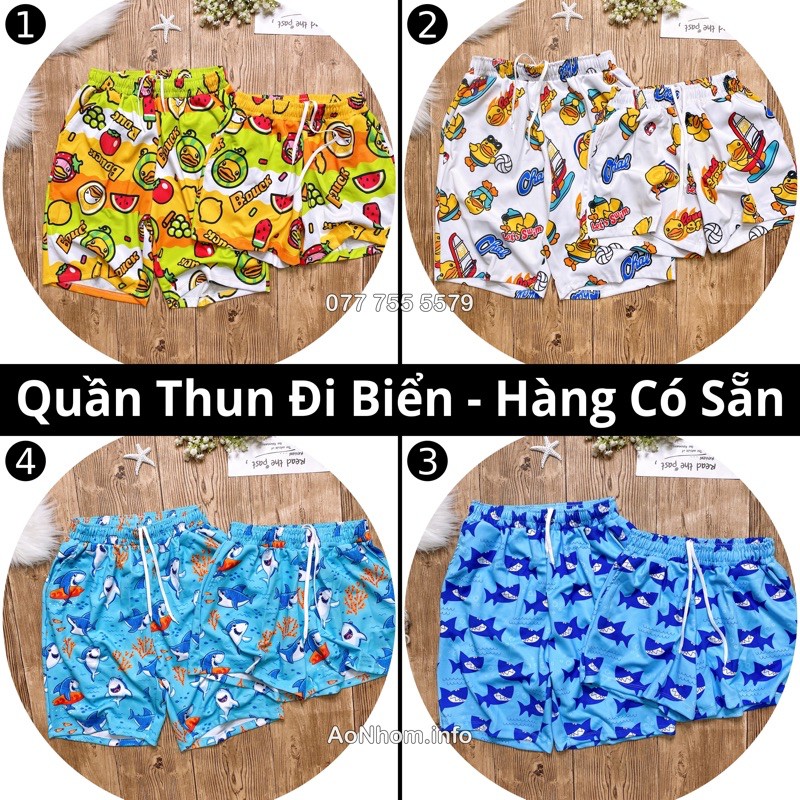 Quần Thun đi biển - Vịt xanh, Vịt trắng, Baby Shark, Mickey, Gấu Pooh, Stickers, Logo, Hello Summer, Doremon