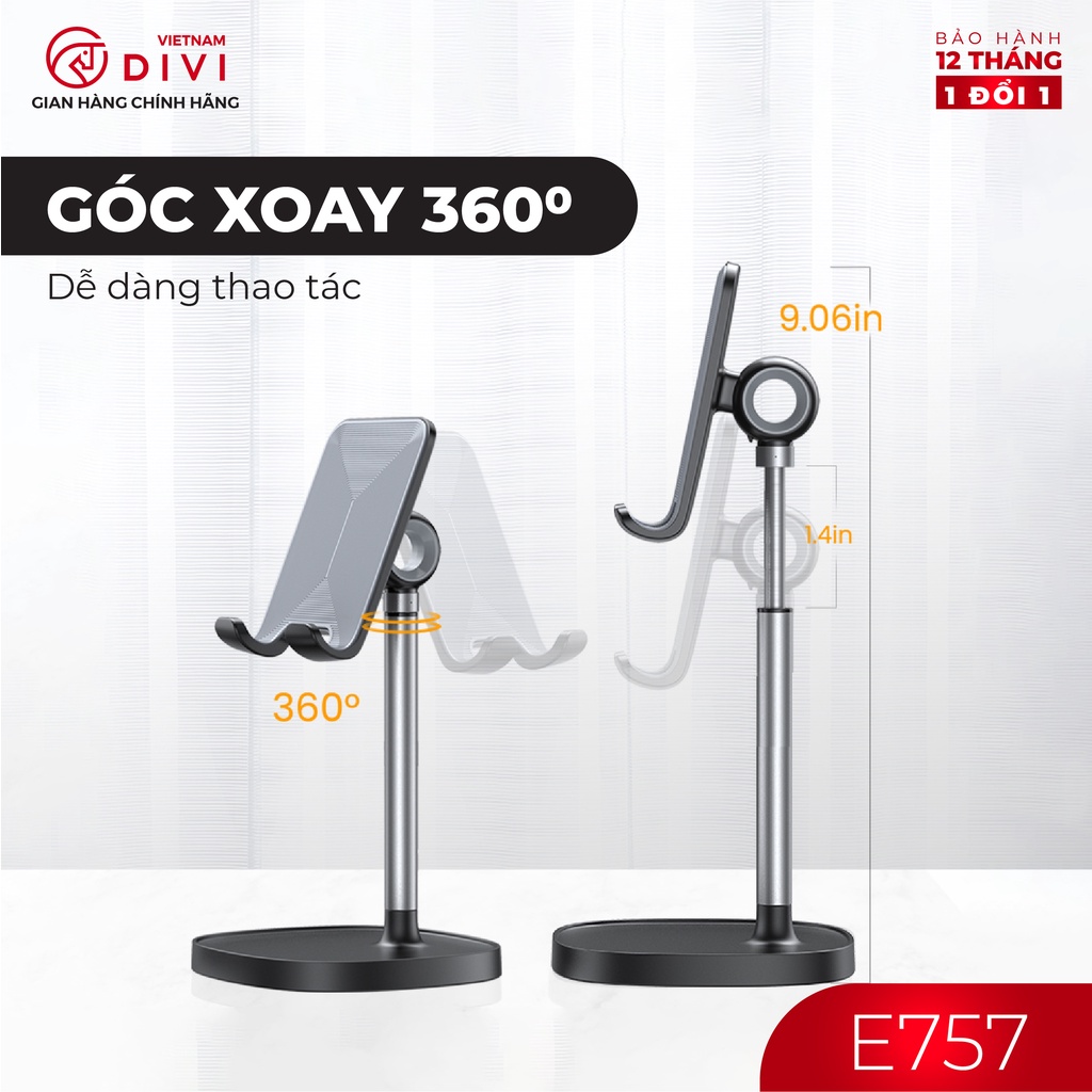 Giá đỡ điện thoại để bàn DIVI E757 - Xoay độ khung gấp gọn - Hàng phân phối chính hãng - Bảo hành 12 tháng 1 đổi 1