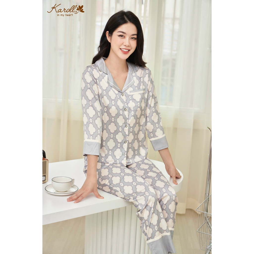 Bộ lụa luxury Karoll quần dài tay lỡ họa tiết mây cổ pijama NH22.061