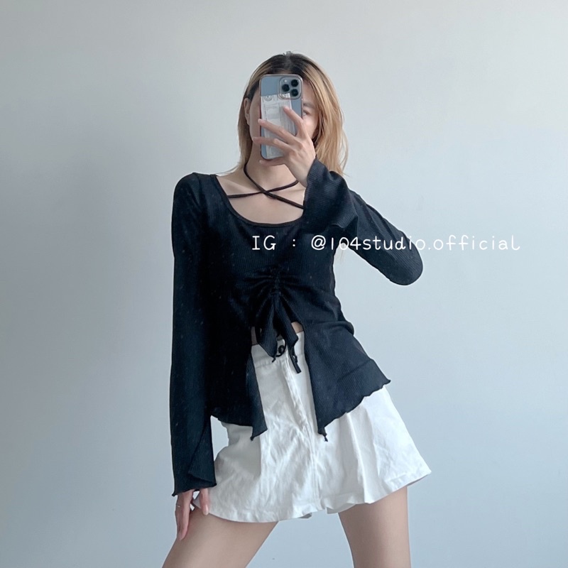 A889 Áo kiểu nữ dây rút tay dài xẻ vạt phong cách quyến rũ