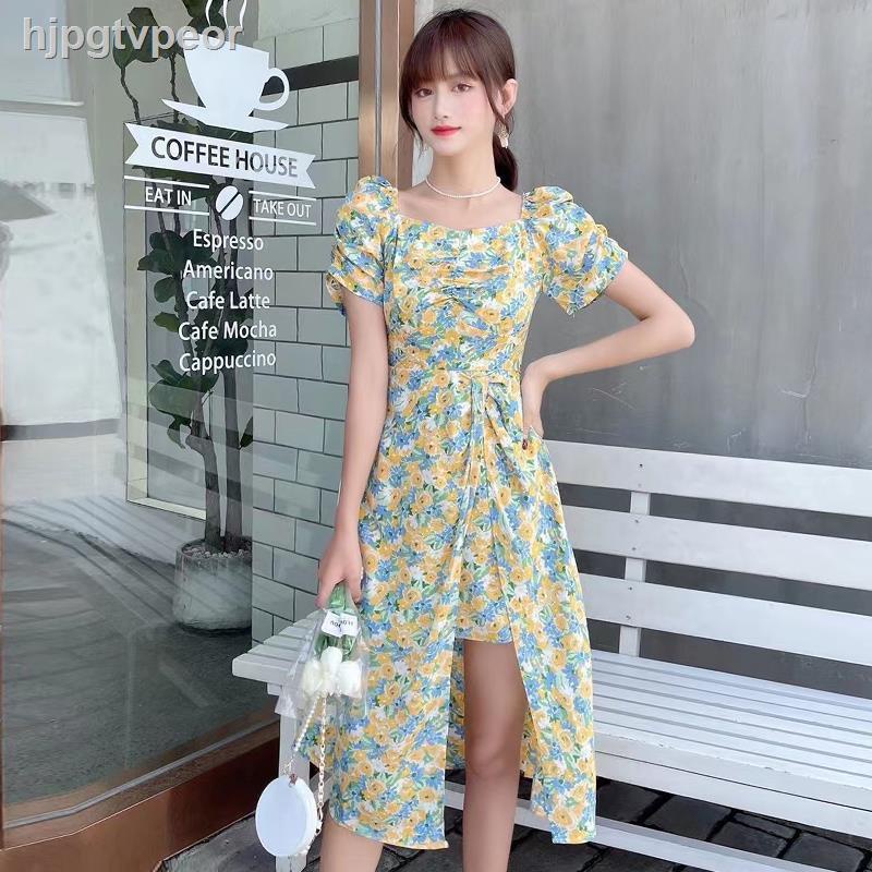 ♂♛Đầm voan hoa anh đào nữ mùa hè Pháp cổ vuông tay phồng hở eo váy dài