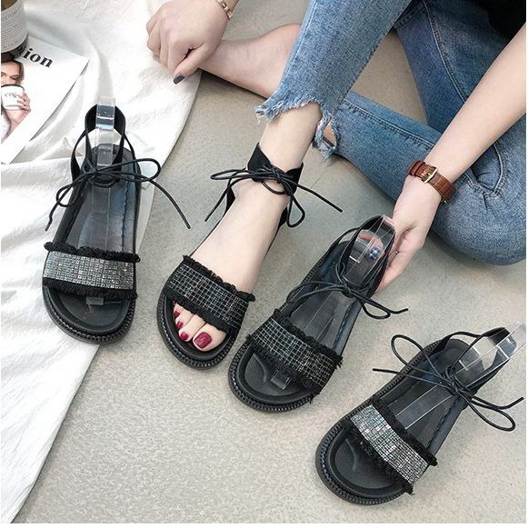 SALE-Giày sandal bánh mì cột dây đính hạt |Giày sandal bánh mì nữ
