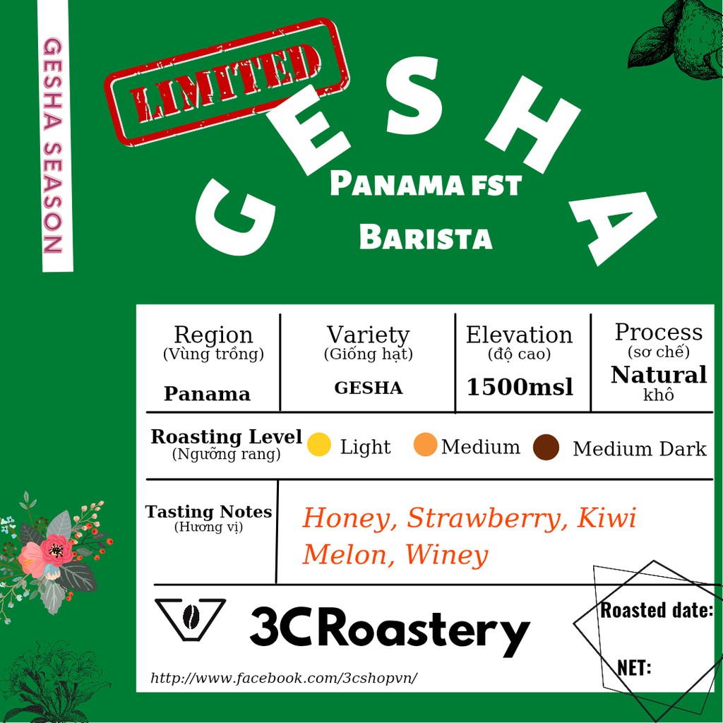 Hạt cà phê Gesha - Sơ chế khô - 200g - từ vùng trồng Panama, Costa Rica - 3C Roastery pha espresso, pour over
