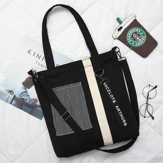 Túi vải tote nữ CANVAS phối sọc sành điệu