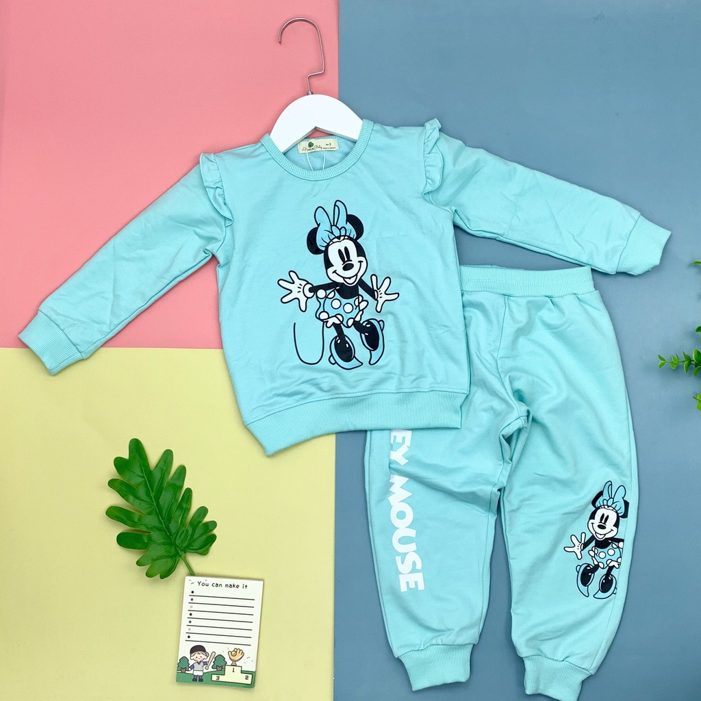 Bộ nỉ da cá thu đông dài tay Mickey viền áo bé gái size 3-10T, cho bạn từ 12-30kg. Chất nỉ da cá đẹp, dày dặn. In nét