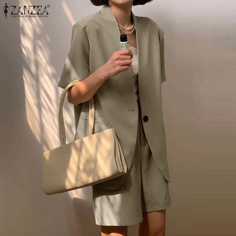 Zanzea Set Áo Thun Ngắn Tay Cổ Tròn + Quần Short Lưng Cao Thời Trang Nữ