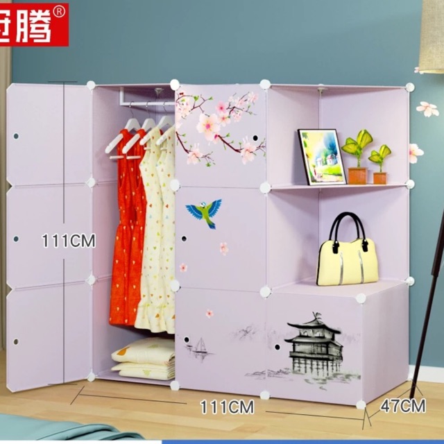 TỦ GHÉP QUẦN ÁO 7+2 GÓC SÂU 47cm. Màu tím mới cửa hoa đào. Tặng kèm 1 treo đồ.