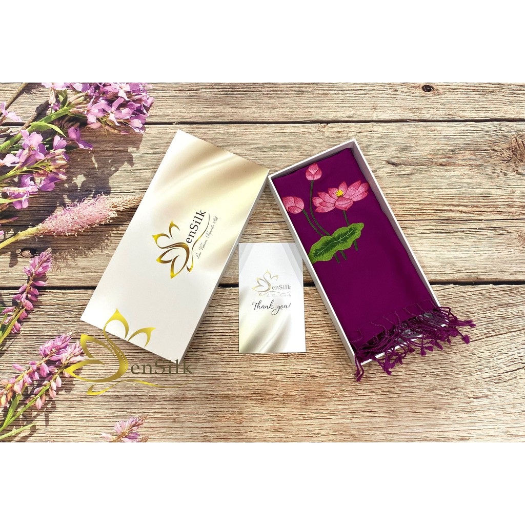 Khăn Lụa Cao Cấp SenSilk Thêu Tay Sen Việt 200x55cm, Quà Cho Người Nước Ngoài