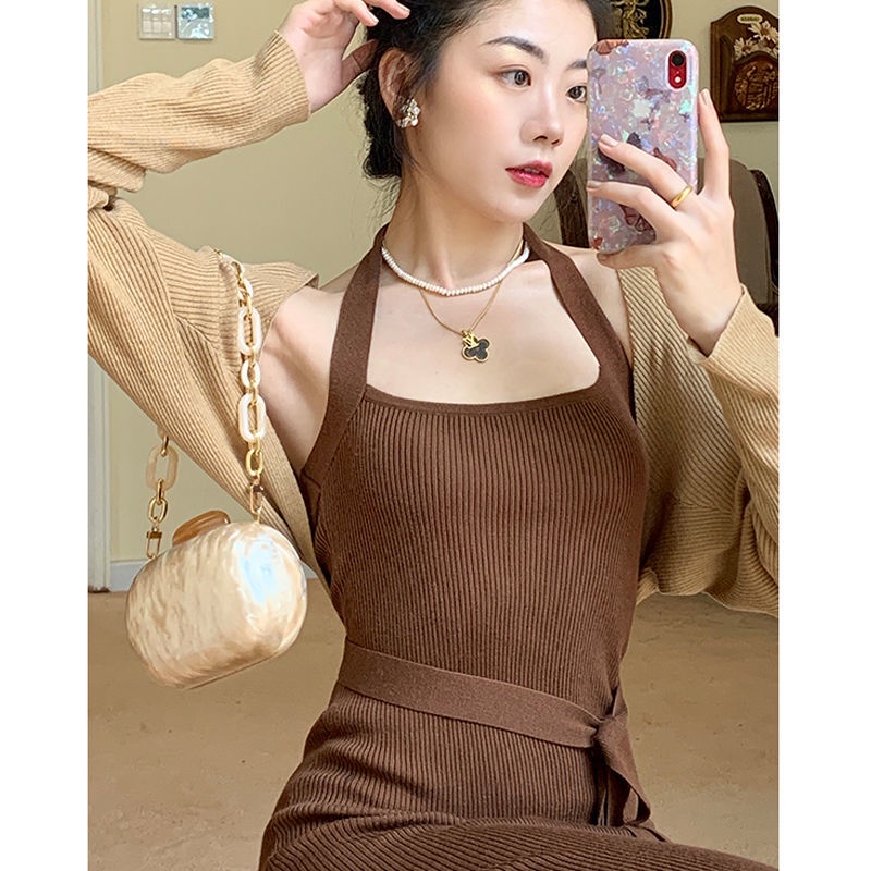 Set Đầm Ôm Dáng + Áo Khoác Cardigan Dệt Kim Mỏng Phong Cách Retro Thời Trang Mùa Thu Cho Nữ