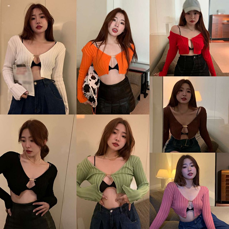 Áo cardigan MURIOKI ngắn ôm dáng cổ chữ V tay dài phong cách thời trang 2022 cho nữ