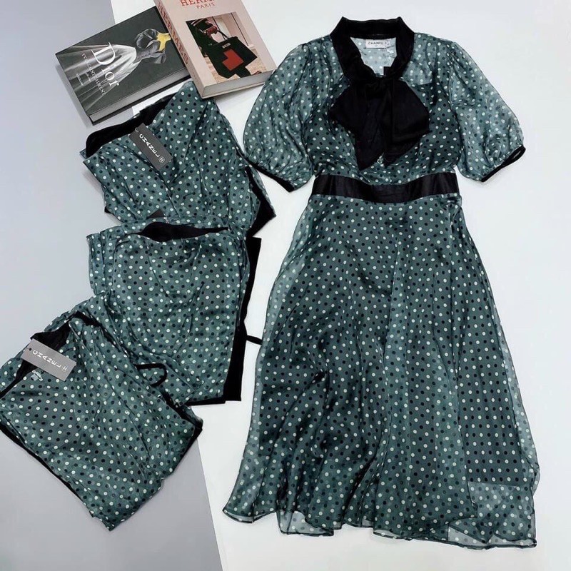 BÁN SỈ VÁY VOAN TƠ CHẤM BI MÀU XANH CHO NỮ | BigBuy360 - bigbuy360.vn