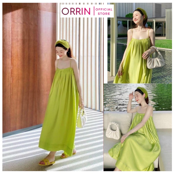 Đầm maxi 2 dây chun ngực dáng dài màu xanh cốm cực trend kèm turban