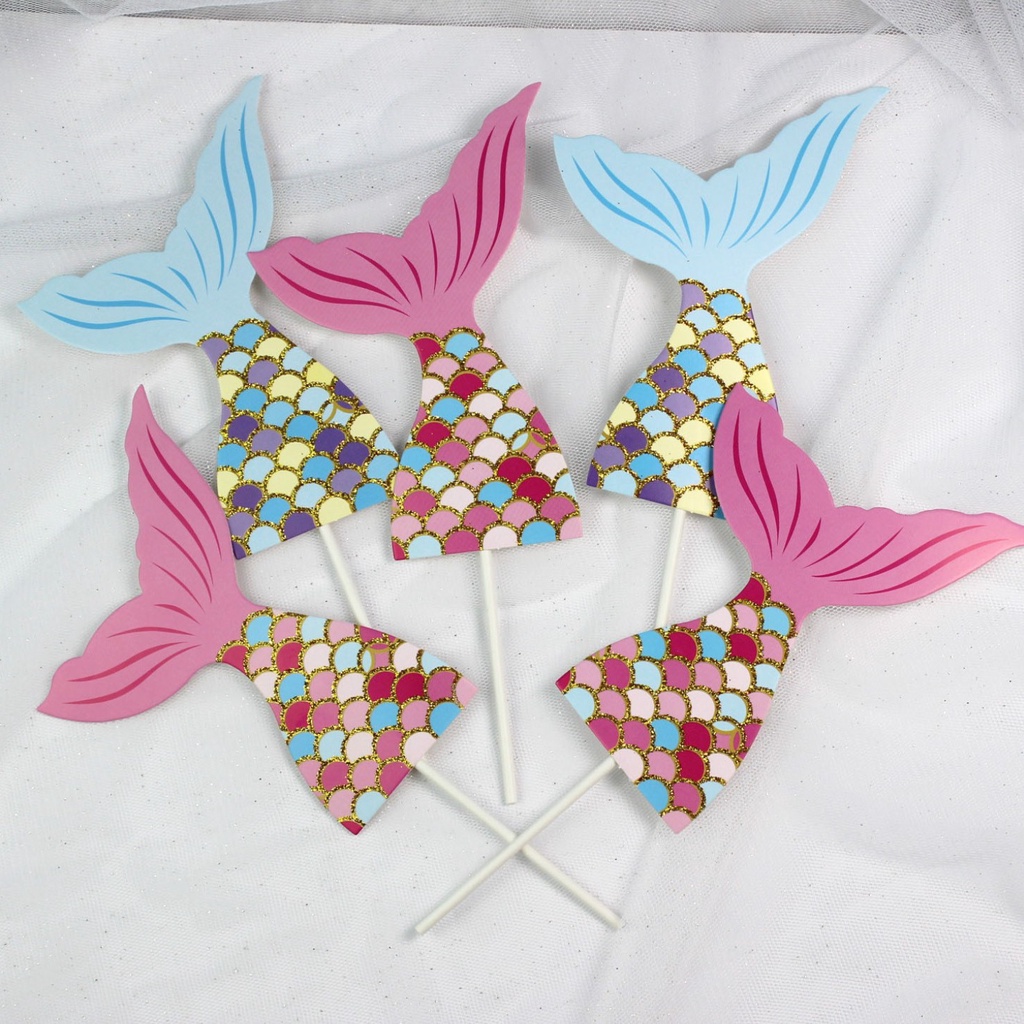 Set 3 Thẻ Giấy Hình Đuôi Cá Màu Hồng Trang Trí Bánh Kem