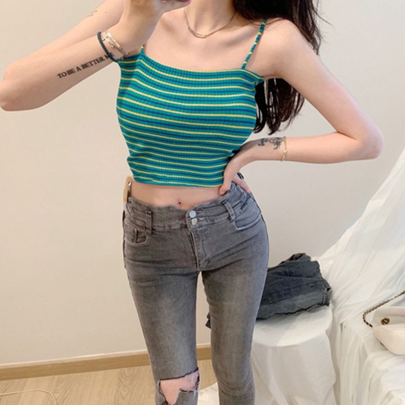 Xiangbao Áo Crop Top Hai Dây Kẻ Sọc Màu Tương Phản Mùa Hè Cho Nữ K
