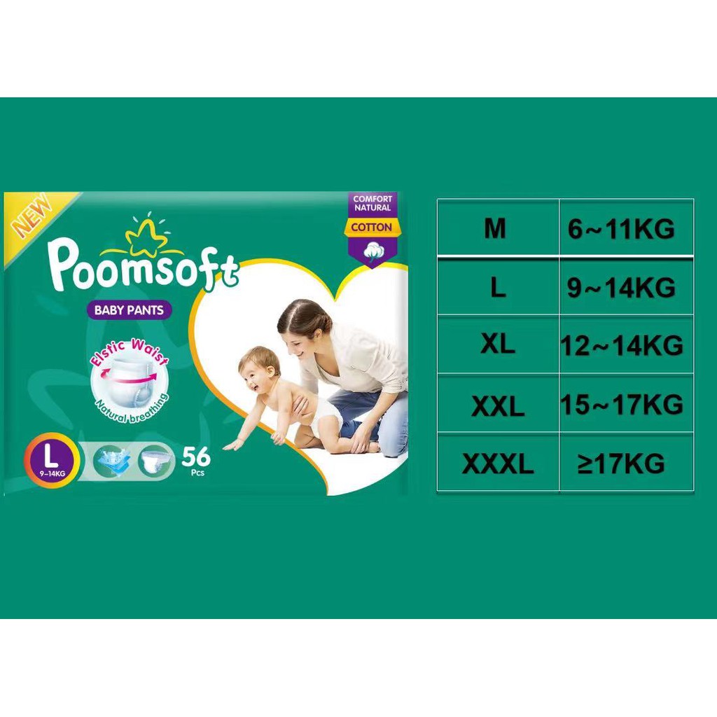 Tã/Bỉm Quần/Dán poomsoft ( mẫu mới) dán S70/M62/L52/XL44-Bỉm quần M60/L56/XL52/XXL48