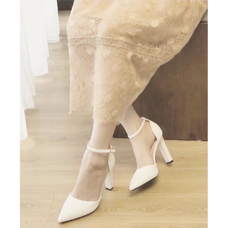 Giày nữ HALEY STORE bít mũi gót vuông 9cm sang chảnh tiểu thư rẻ bền đẹp cô dâu tiệc cưới êm chân dễ đi min trơn trắng