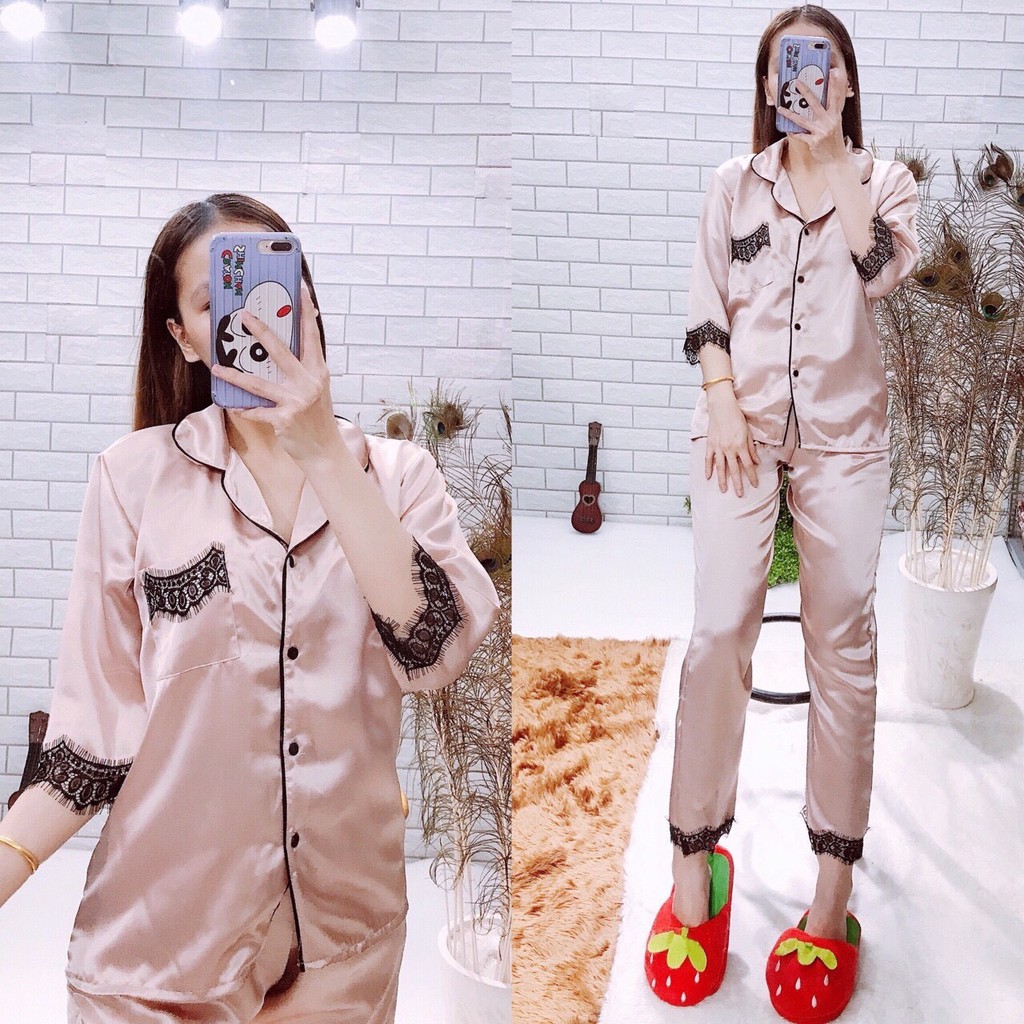 ĐỒ NGỦ PHI LỤA CAO CẤP PHỐI REN - PIJAMA NỮ - TAY LỬNG QUẦN DÀI - QUEEN PIJAMA SHOP | BigBuy360 - bigbuy360.vn