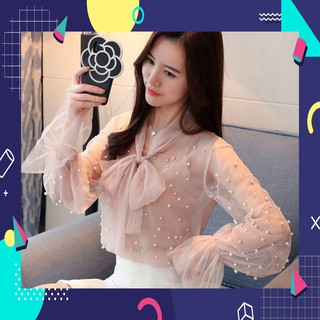11318b1 áo sơ mi ren cột nơ tiểu thư