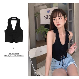 Áo thun nữ body sexy rút dây cổ Đức sát nách màu đen, áo croptop co dãn 4 chiều