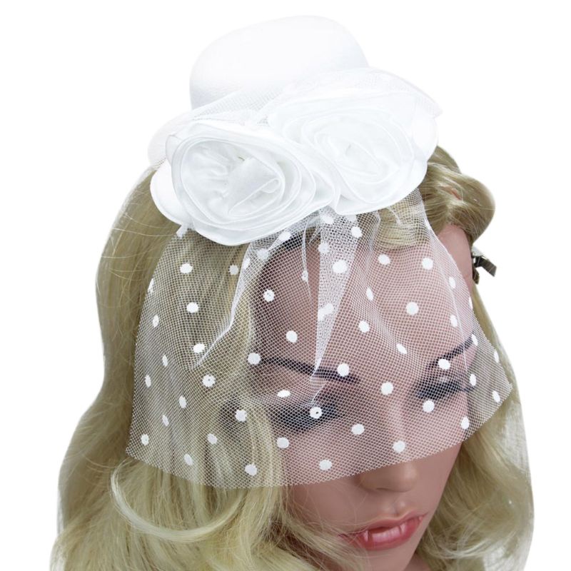 Kẹp Tóc Vải Lưới Hình Hoa + Mạng Che Mặt Họa Tiết Chấm Bi Cho Bé Gái