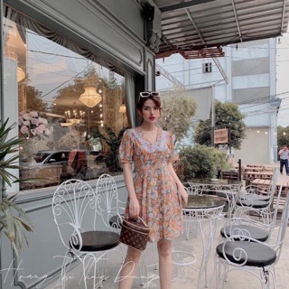 Váy hoa vàng cổ ren trắng dành cho nữ