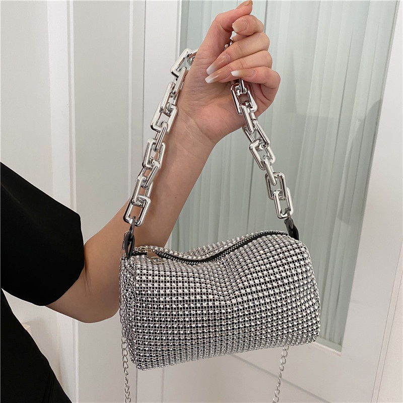 Túi Đeo JASMIN NOIR Vai Nắp Gập Đính Đá Phối Dây Xích Thời Trang Cho Nữ