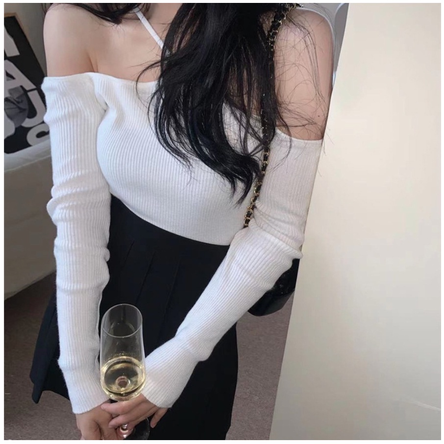 Áo Croptop Trễ Vai Kiểu Yếm Phối Dây Chéo Cổ| trễ vai Chất Thun gân không xù lông Hàn Quốc - AK0080  | bear.story