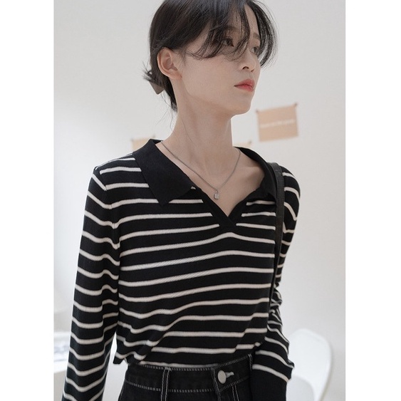 Áo Sweater  len cổ polo nữ dài tay kẻ ngang,  Thun Dệt Kim Tay Dài Cổ Chữ V Dáng Rộng Hàn Quốc  sọc ngang | BigBuy360 - bigbuy360.vn