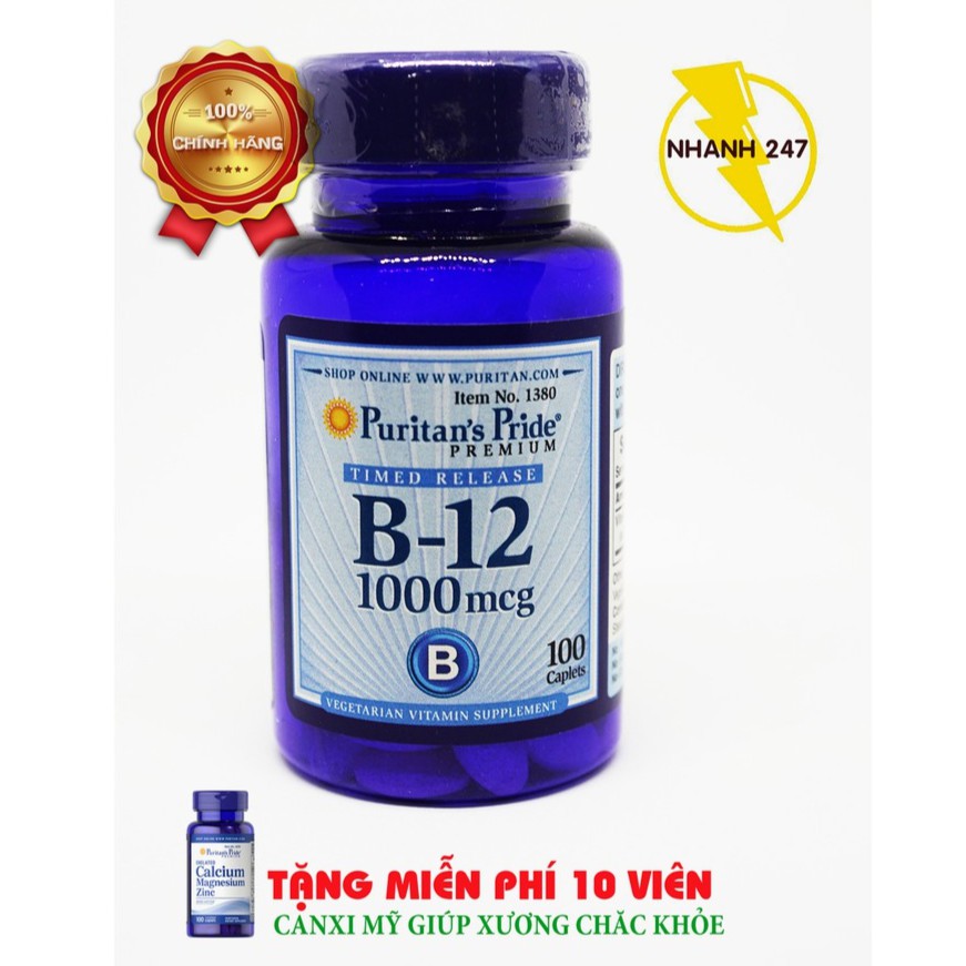 Viên uống hỗ trợ tế bào thần kinh và máu Puritan's Pride Timed Release B-12 1000mcg 100 viên HSD tháng 3/2020