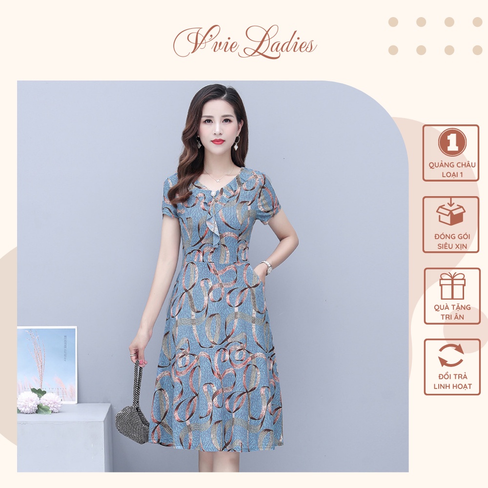Đầm trung niên Quảng Châu 2 màu hồng/xanh thun chữ A họa tiết gân hoa, Mềm mát tặng mẹ V'vie Ladies