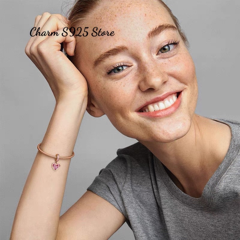 CHARM PAN ALE TREO TIM VÀNG HỒNG ĐÍNH ĐÁ ĐỎ BẠC S925 CAO CẤP