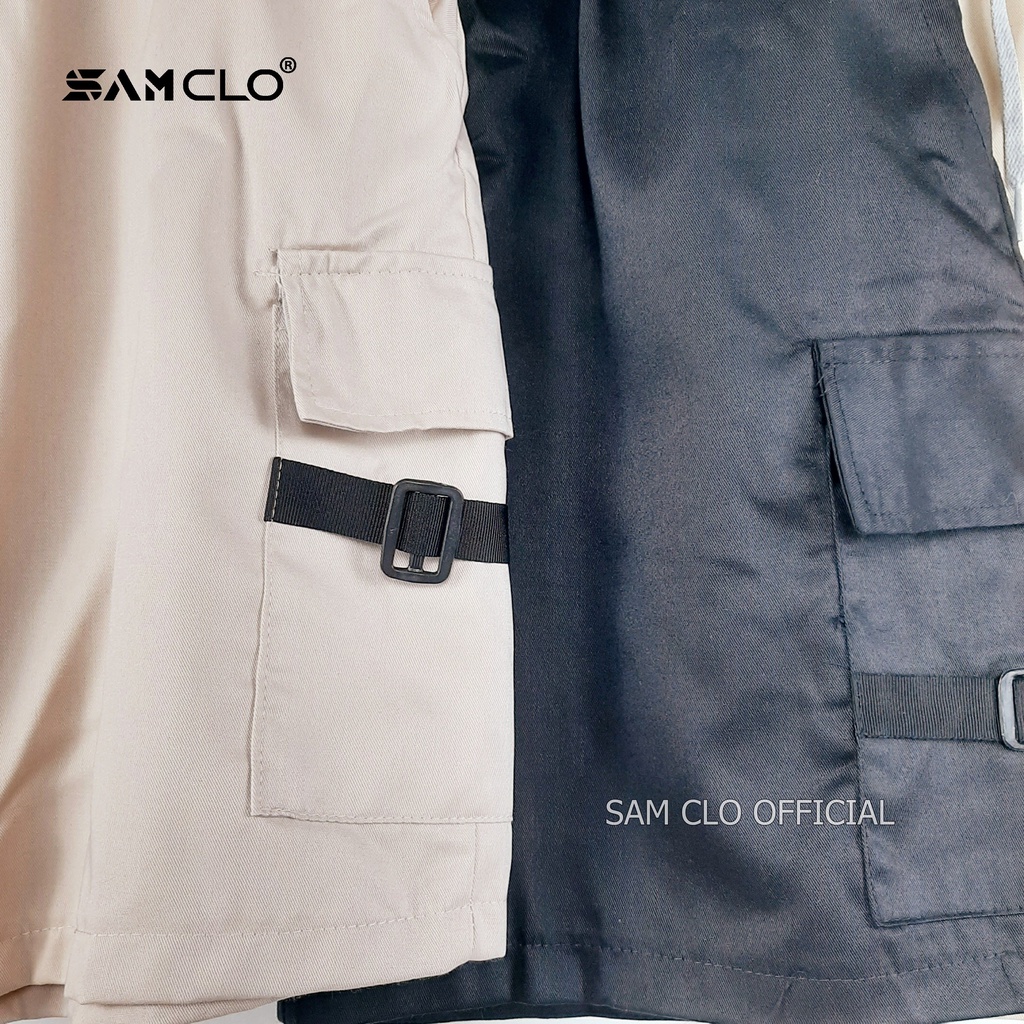 Quần đùi SAM CLO - Quần short Kaki nam nữ túi hộp phối dây dáng suông ống rộng