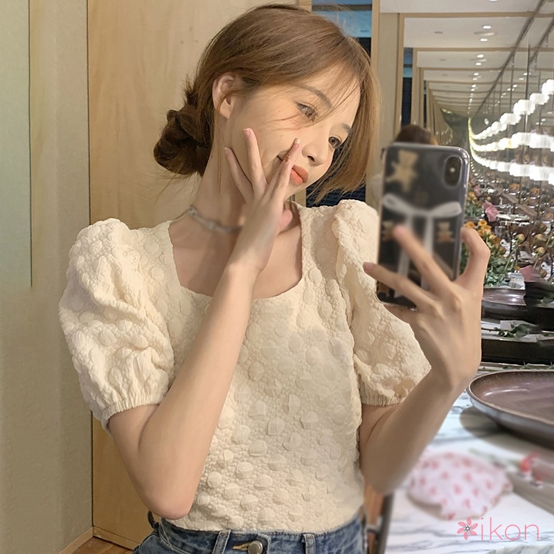 Áo Thun Crop Top Cổ Vuông Tay Phồng Lưng Phối Nơ Ngọt Ngào Gợi Cảm Cho Nữ