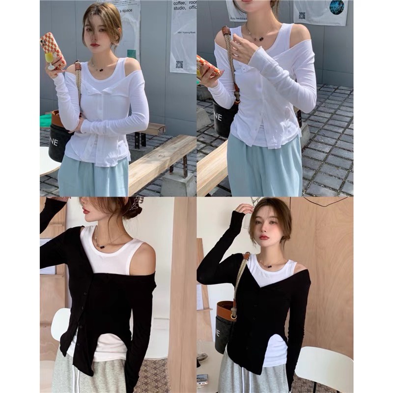 Set Áo Thun Body Trễ Vai Tay Dài Nút Gài Xẻ Tà Phối Áo 3 Lỗ Dáng Ôm Ulzzang - MM