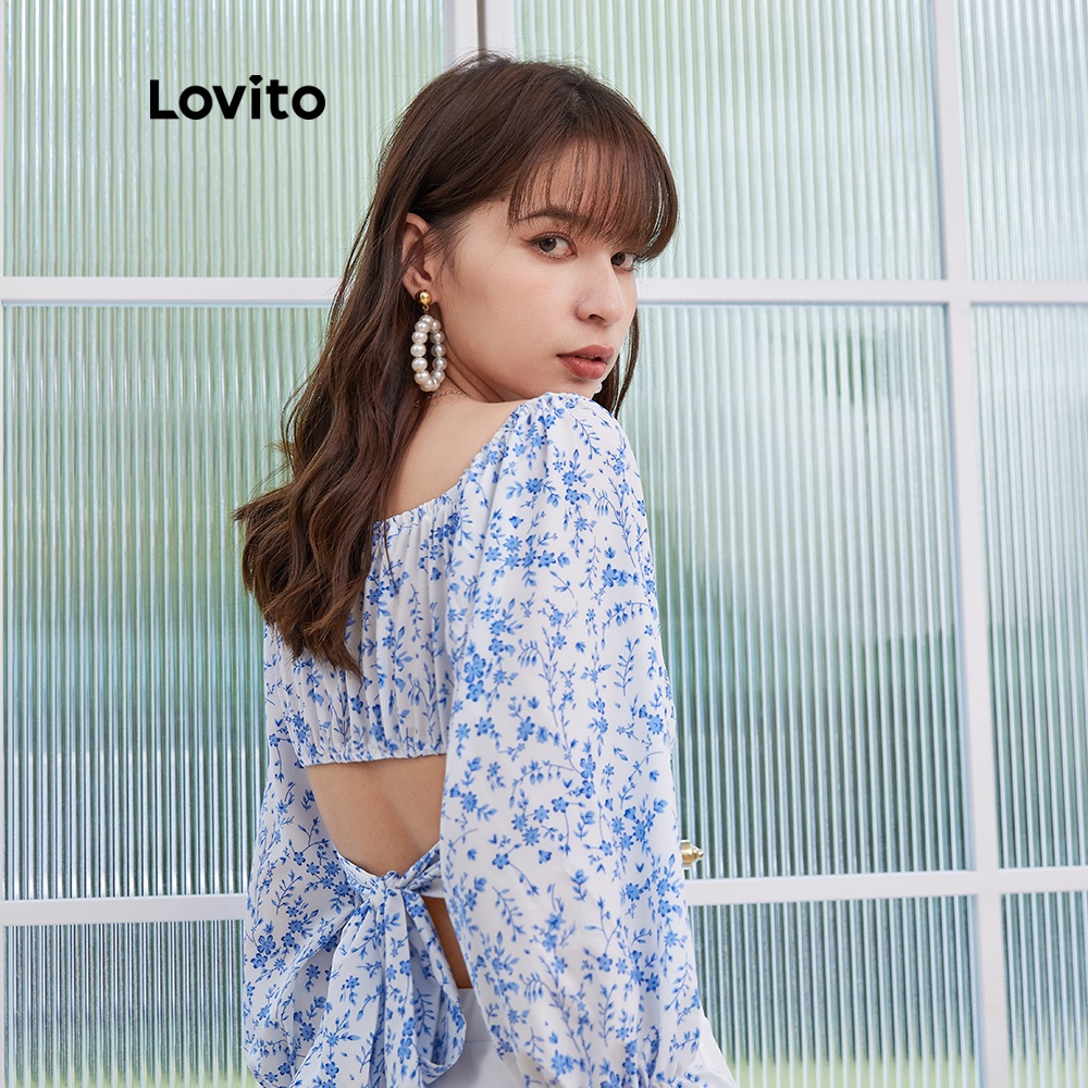 Áo kiểu Lovito L04146 dài tay màu trắng họa tiết hoa nhí dáng ôm vừa vặn có dây thắt sau lưng | BigBuy360 - bigbuy360.vn