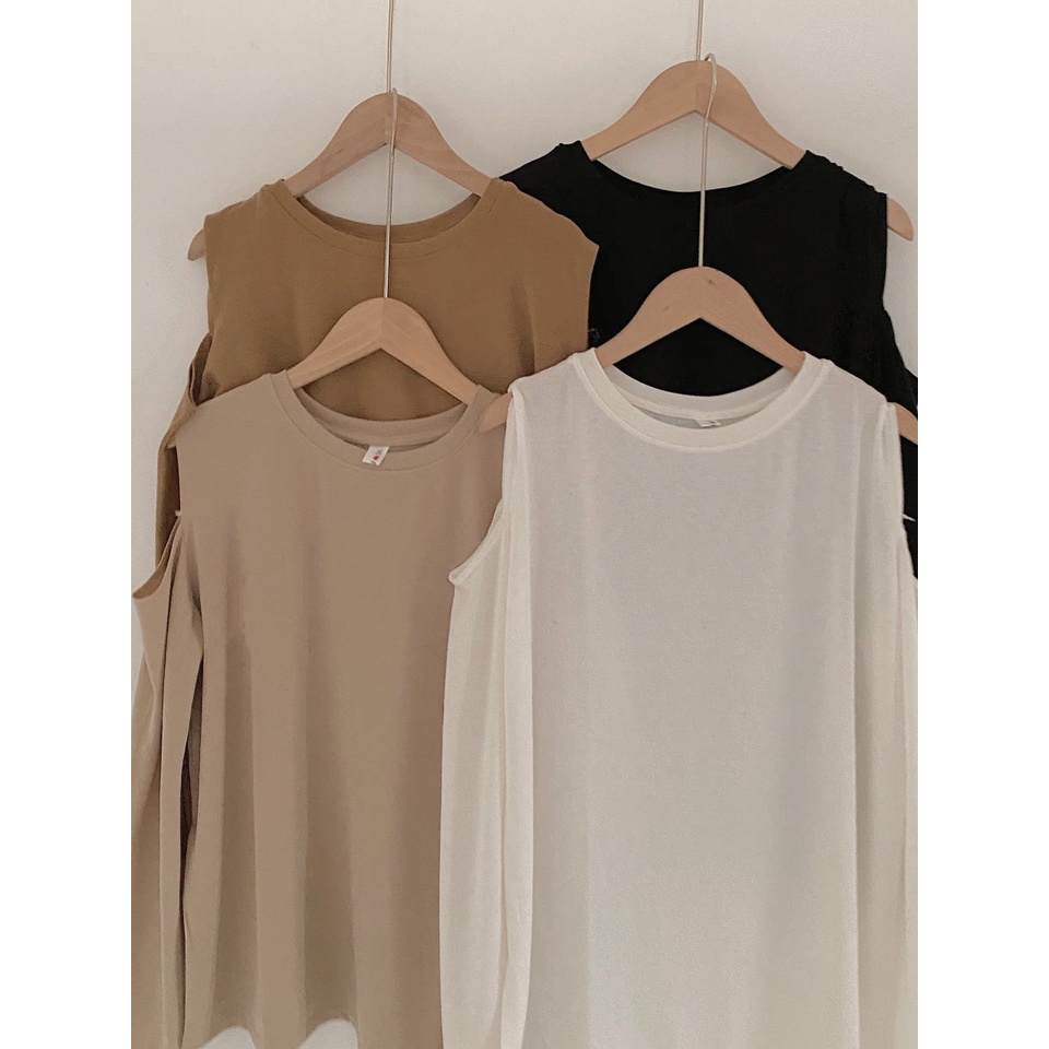 FREESHIP Áo Thun Mỏng Khoét Vai Tay Dài Cho Mùa Thu Phong Cách Hàn Quốc, Áo Dài Tay Nữ Tính