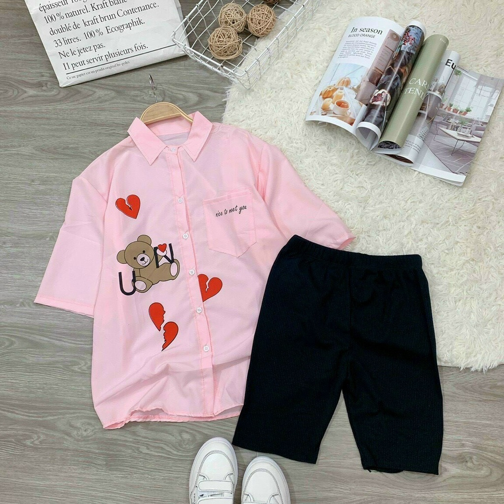 Set áo sơ mi from rộng in hình gấu phối quần legging,set bộ sơ mi tay lỡ thêu gấu tim quần thun ngố đi chơi mặc nhà cute