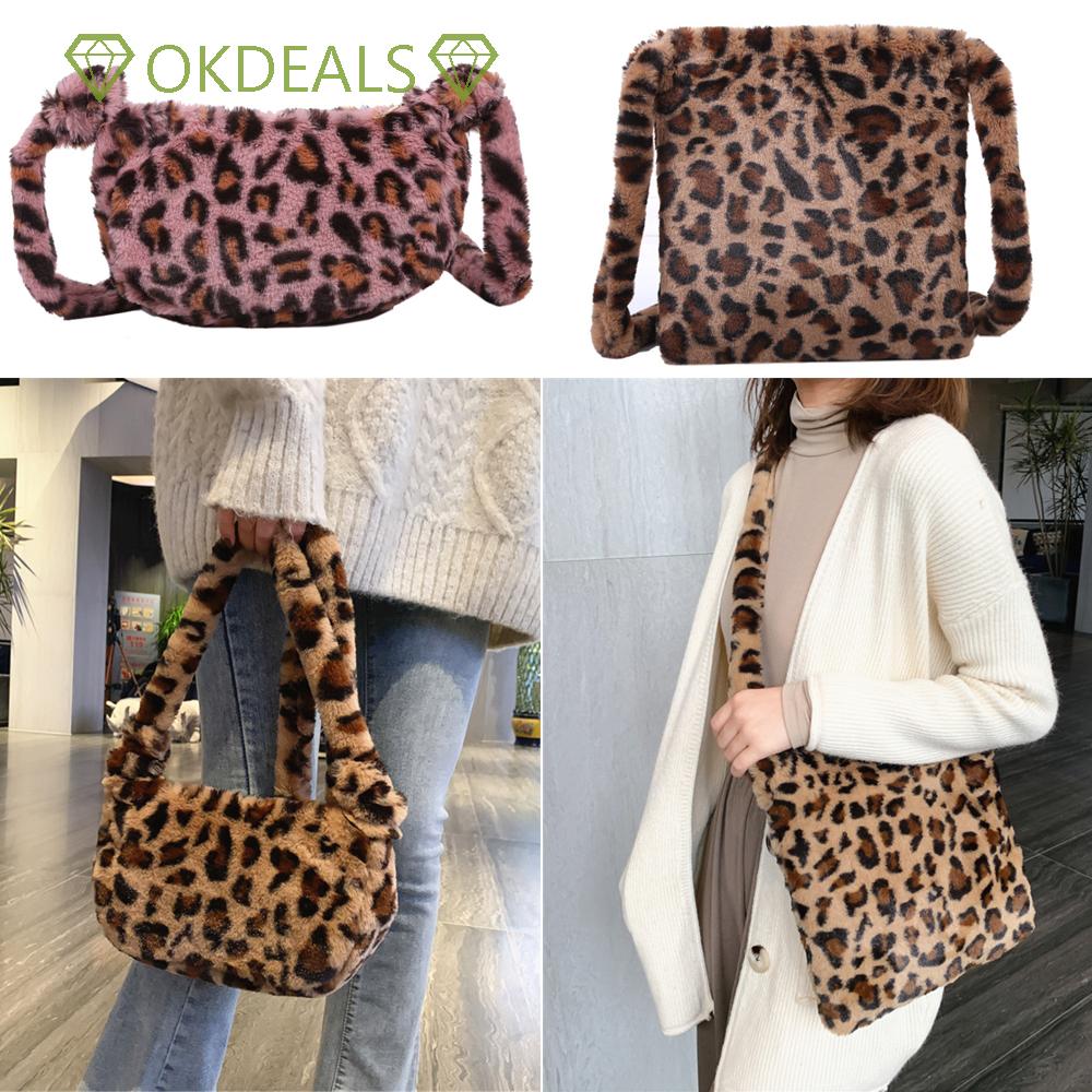 Túi Đeo Chéo Lông Xù Họa Tiết Da Báo Sức Chứa Lớn Thời Trang Thu Đông Cho Nữ