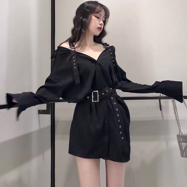 [Sẵn L] Váy trễ vai kèm thắt lưng ulzzang | BigBuy360 - bigbuy360.vn
