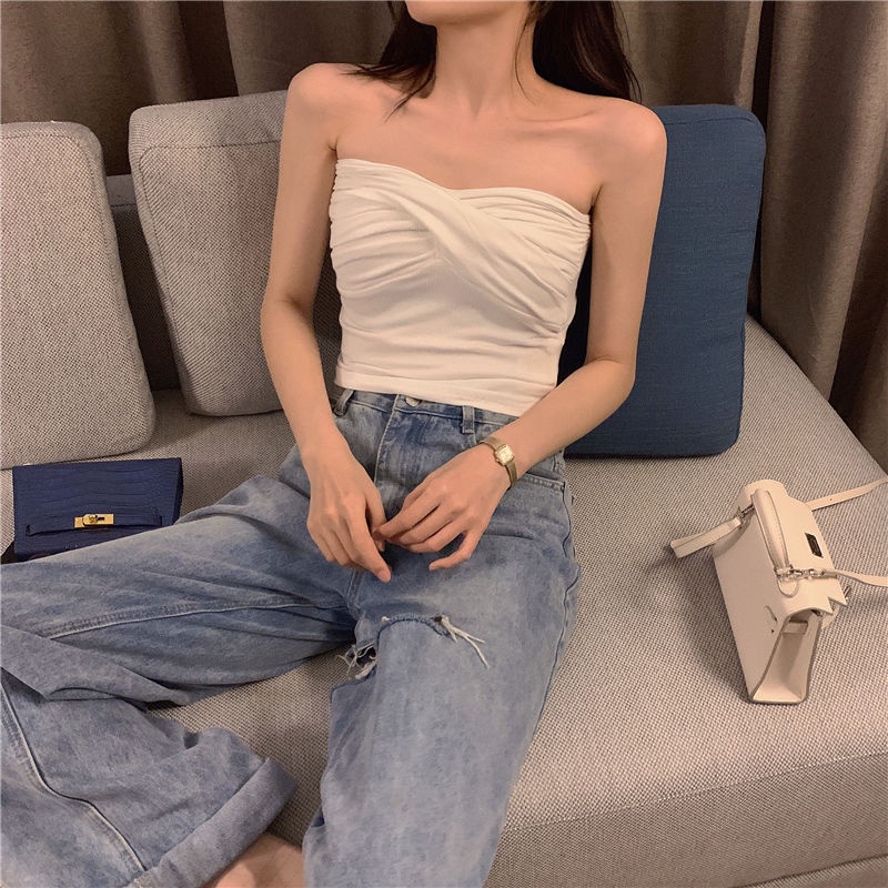 COZOK Áo Hai Dây Dệt Kim Thiết Kế Dây Đan Chéo Xếp Ly Phong Cách Hàn Quốc Quyến Rũ