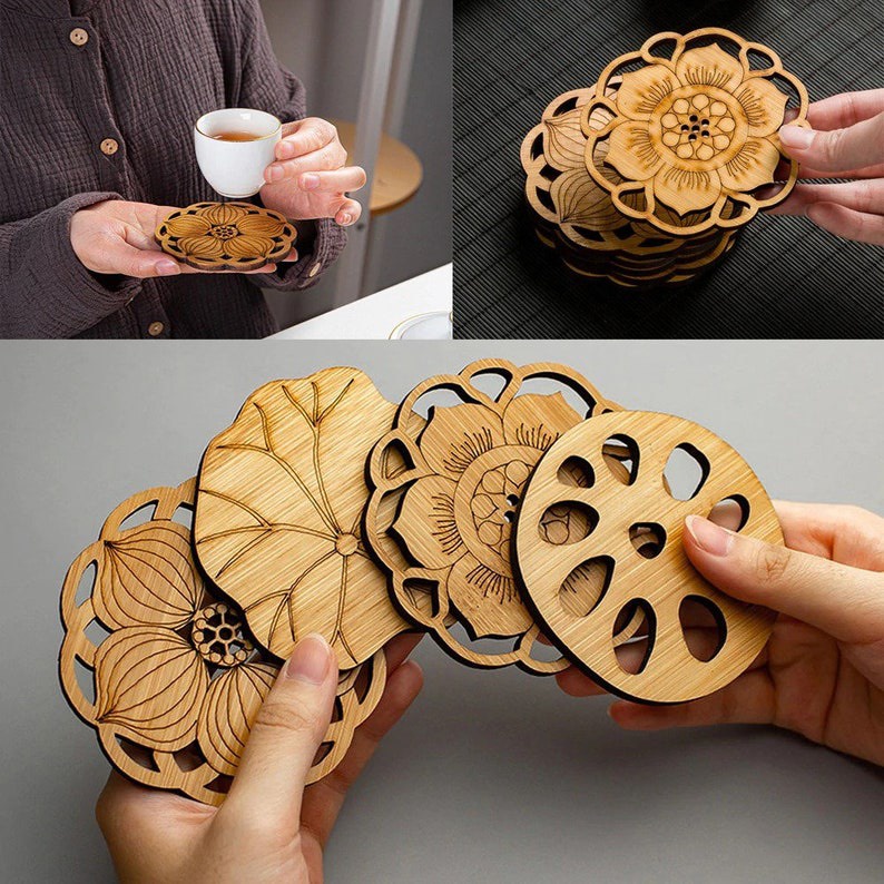 Miếng Lót Cốc Trà Cafe Trang Trí Decor Quán Cafe Phong Cách Hoa Sen Việt Nam,Coasters Diy Chất Liệu Gỗ Bạch Dương