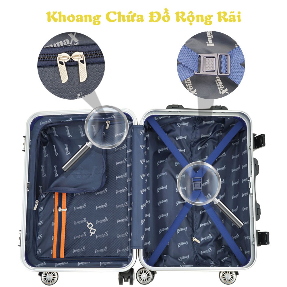 Vali nhựa khung nhôm nắp gập immaX 20 size 20inch xách tay lên máy bay bảo hành 3 năm, 1 đổi 1 trong 12 tháng