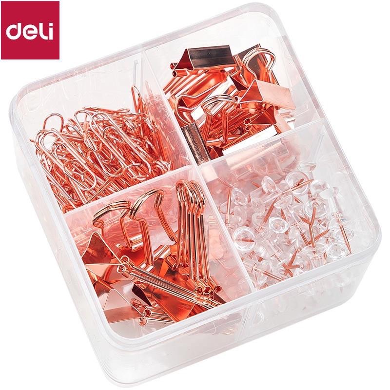 Bộ phụ kiện văn phòng Deli 78551: kim kẹp, đinh ghim, kẹp bướm mạ đồng sang chảnh.