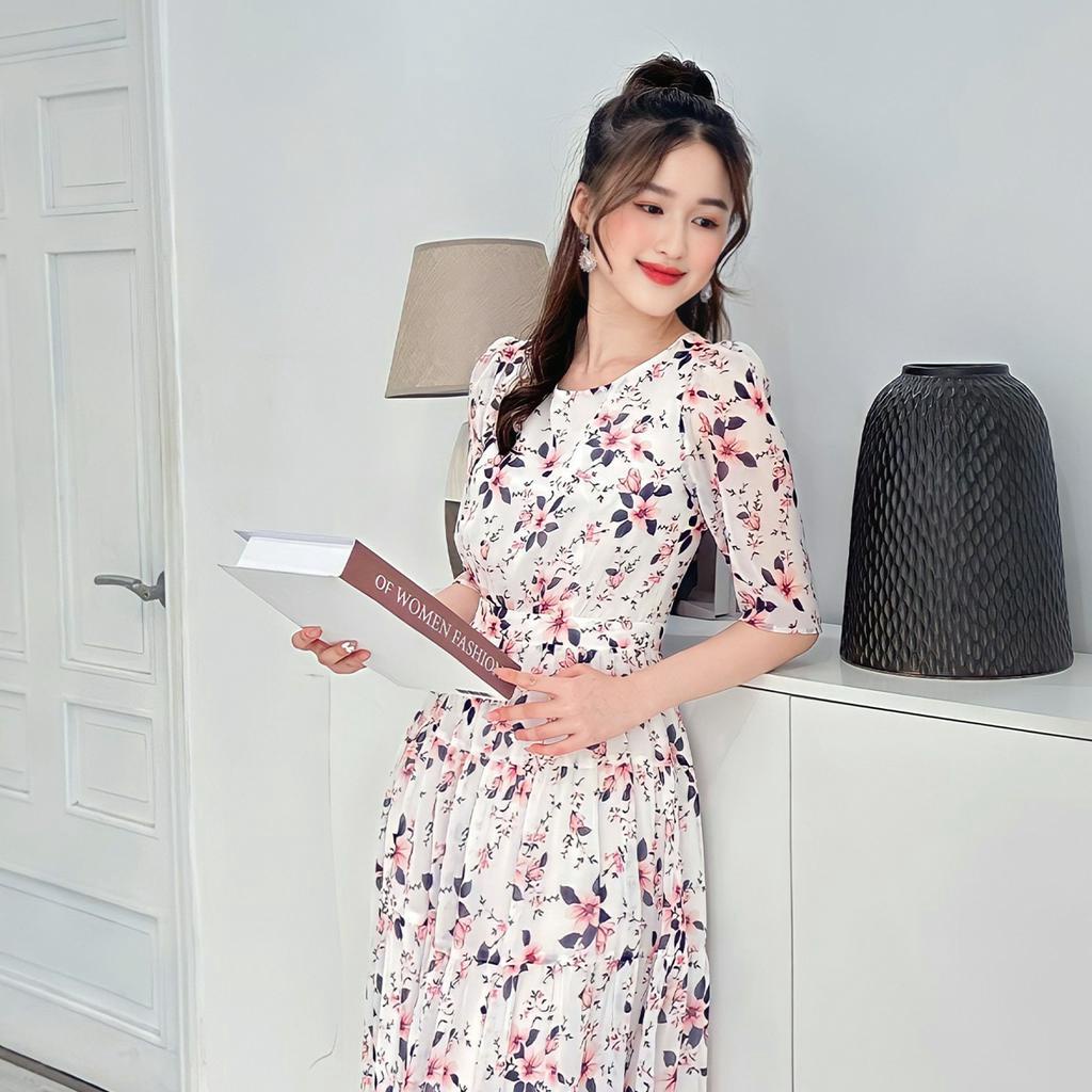 Đầm xòe midi nữ hoa, cổ tròn, tay lỡ - Trắng 4035 Guco