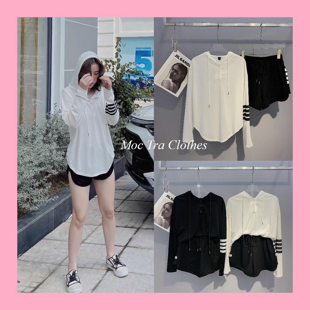 Set đồ nữ thể thao Hàn thiết kế gồm áo nỉ mũ và quần short đùi phong cách cá tính trẻ trung, Set bộ quần áo nữ rẻ đẹp
