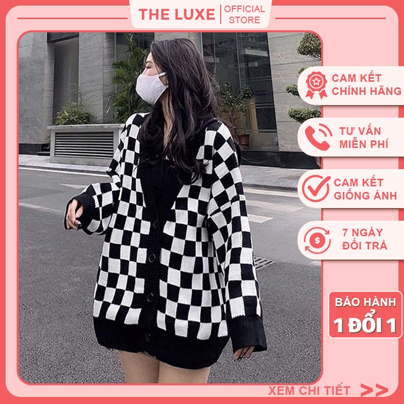 Áo cardigan len họa tiết sọc caro, Áo khoác len nữ thu đông form rộng 100% được may từ len mềm mịn phối màu đen trắng