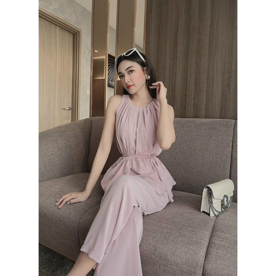 [Set bộ] Set áo và quần đi chơi phon cách cá tính với quần dài ống rộng kèm áo kiểu nữ cổ yếm có dây gút eo