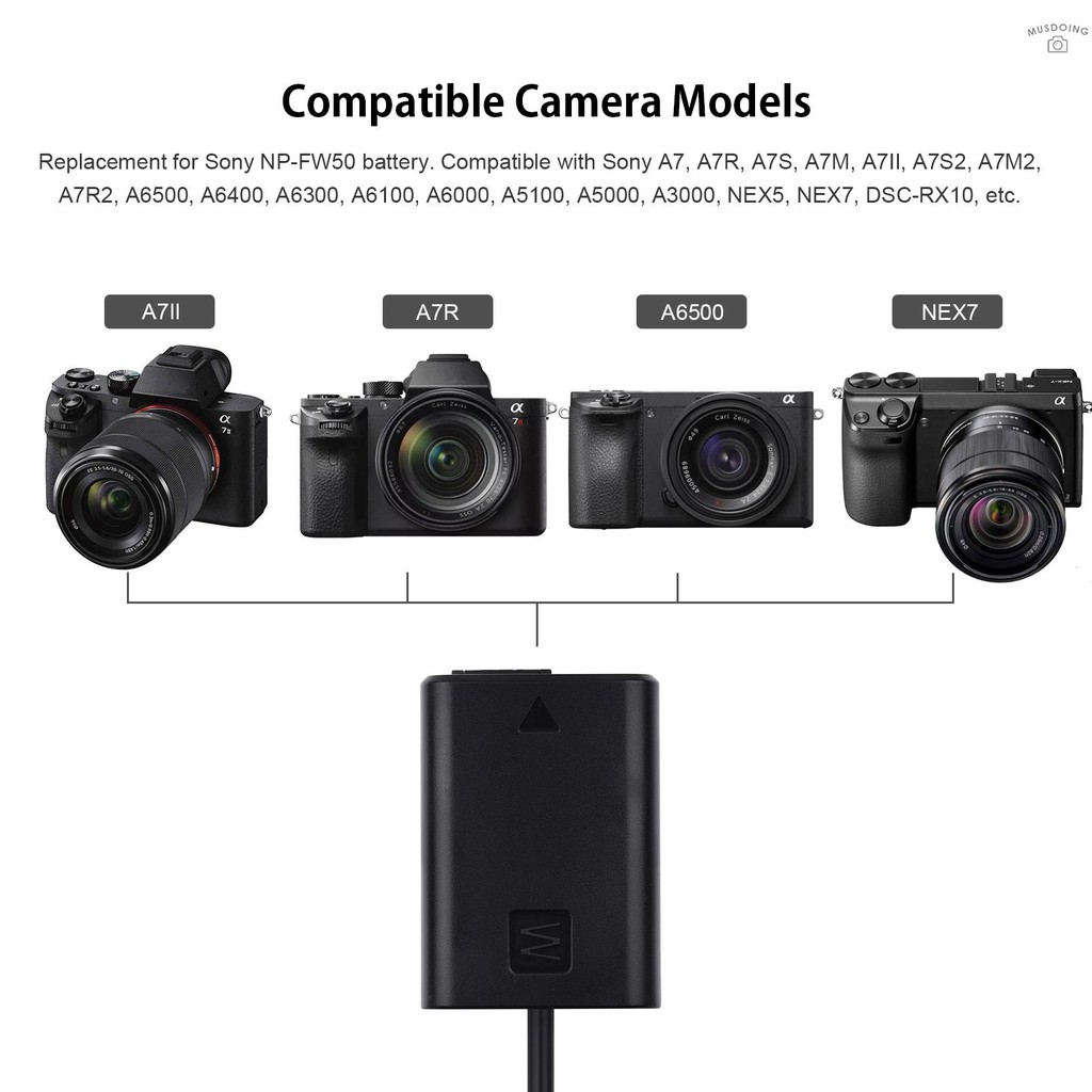 Andoer DR-FW50 Fully Decoded DC Coupler Dummy Battery Replace of NP-FW50 Battery with USB DC Converter Power Cable Wall Plug Compatible with Sony A7 A7R A7S A7M A7II A7S2 A7M2 A7R2 A6500 A6400 A6300 A6100 A6000 A5100 A5000 A3000 NEX5 NEX7 DSC-RX10
