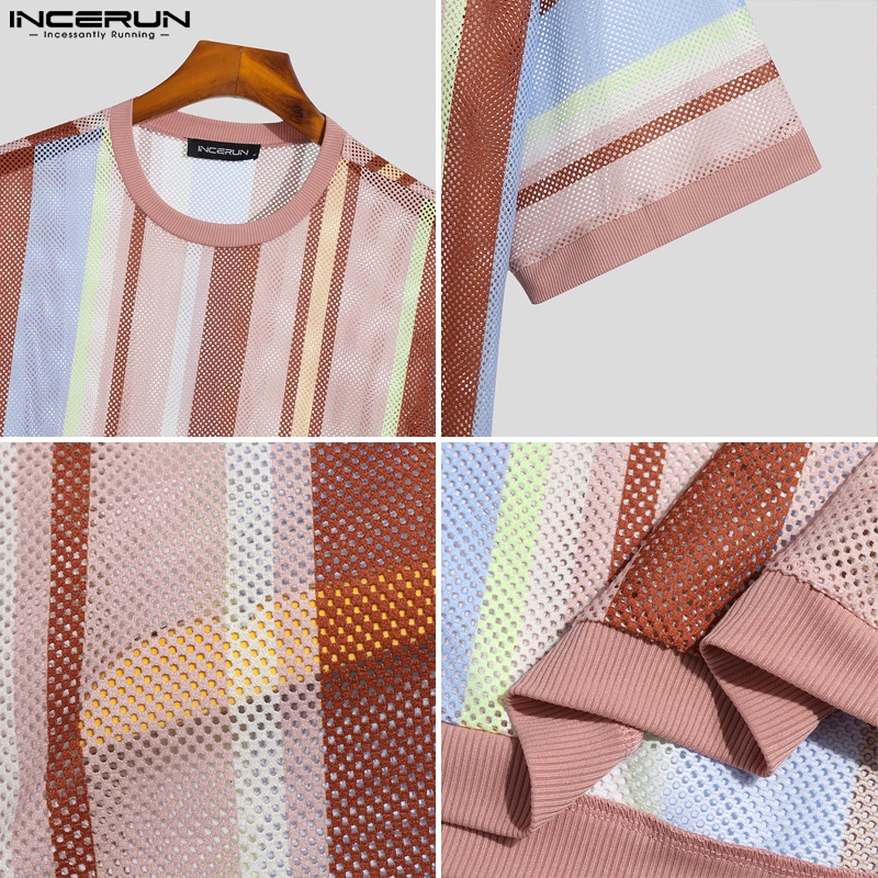 Áo thun INCERUN tay ngắn họa tiết sọc lưới nhiều màu sắc thoải mái cho nam