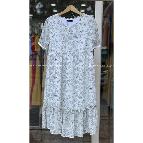 [HANNA] Đầm bầu công sở voan mát mùa hè dài qua gối  có size 40-80kg vải 2 lớp mềm mát không nhăn có túi bên sườn